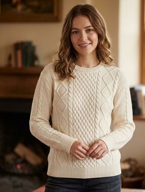 Women's Cable Knit Crew Neck Sweater in Ivory Merino Wool Blend XL NWOT